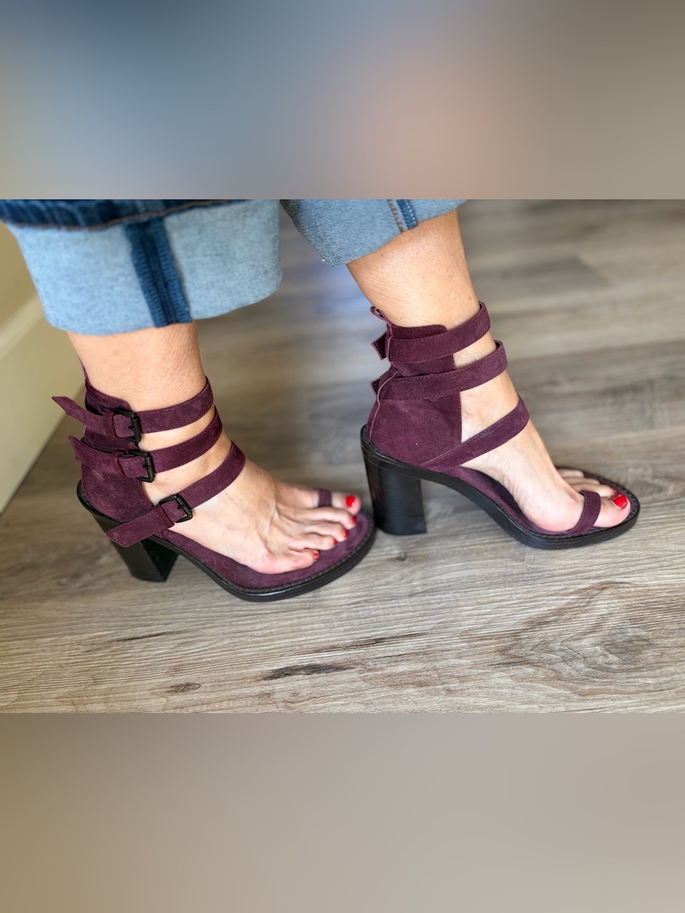 Strappy Ankle Wrap Block Heels in Plum/Burgundy - Picture 2 of 9